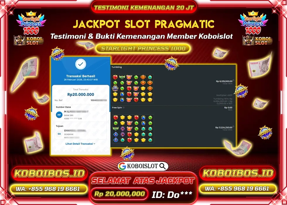 BUKTI KEMENANGAN ID Do*** SLOT GACOR STARLIGHT PRINCESS 1000 Rp20.000.000,- LUNAS