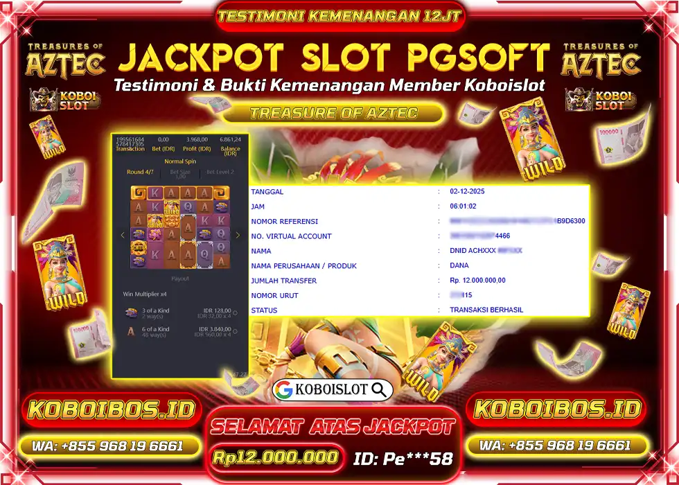 BUKTI KEMENANGAN Pe*** SLOT GACOR TREASURE OF AZTEC Rp12.000.000,- LUNAS