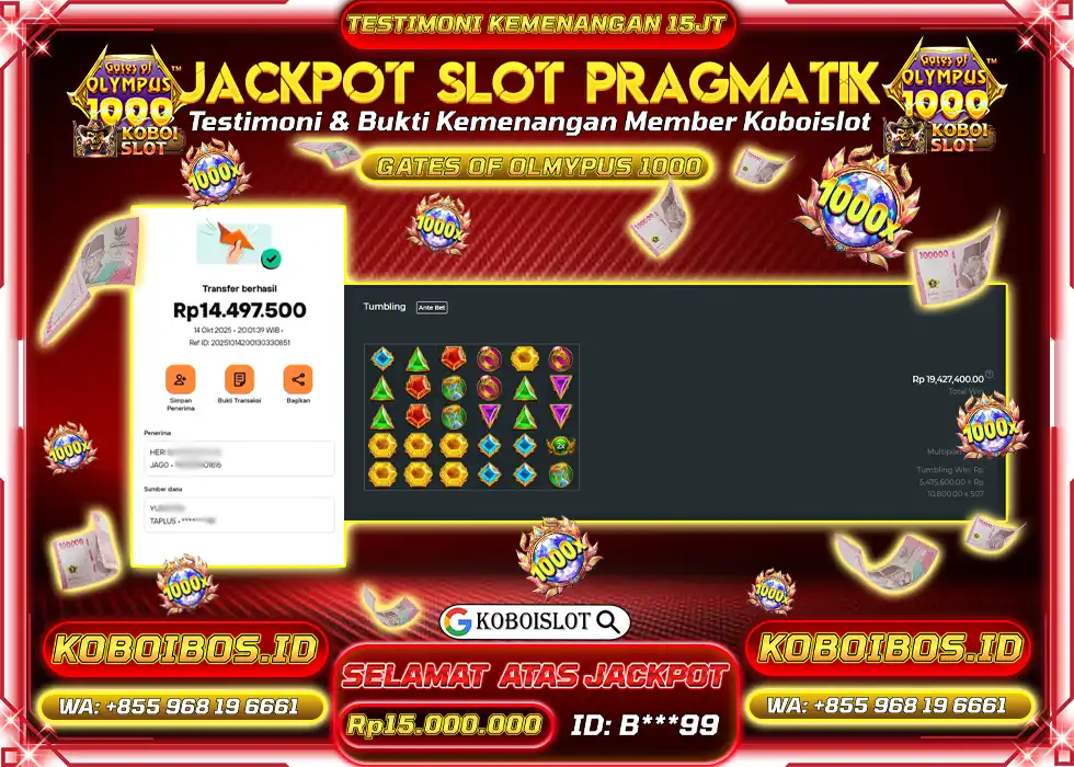 BUKTI KEMENANGAN B*** SLOT GACOR GATES OF OLYMPUS 1000 Rp15.000.000,- LUNAS