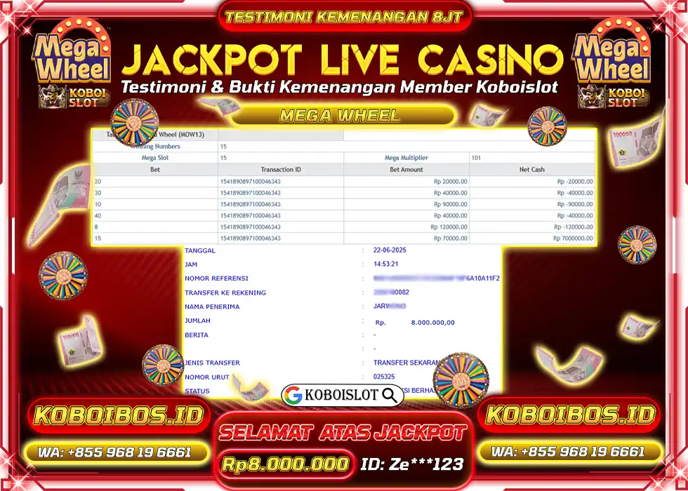 BUKTI KEMENANGAN LIVE CASINO MEGA WHEEL Rp8.000.000,- LUNAS