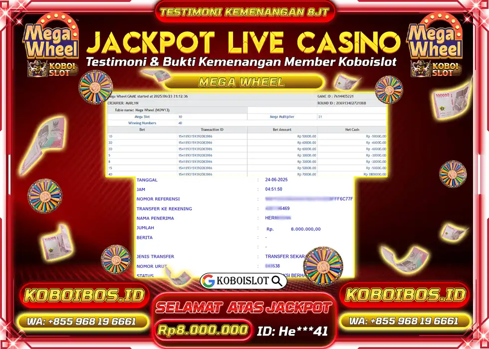 BUKTI KEMENANGAN LIVE CASINO MEGA WHEEL He*** Rp8.000.000,- LUNAS