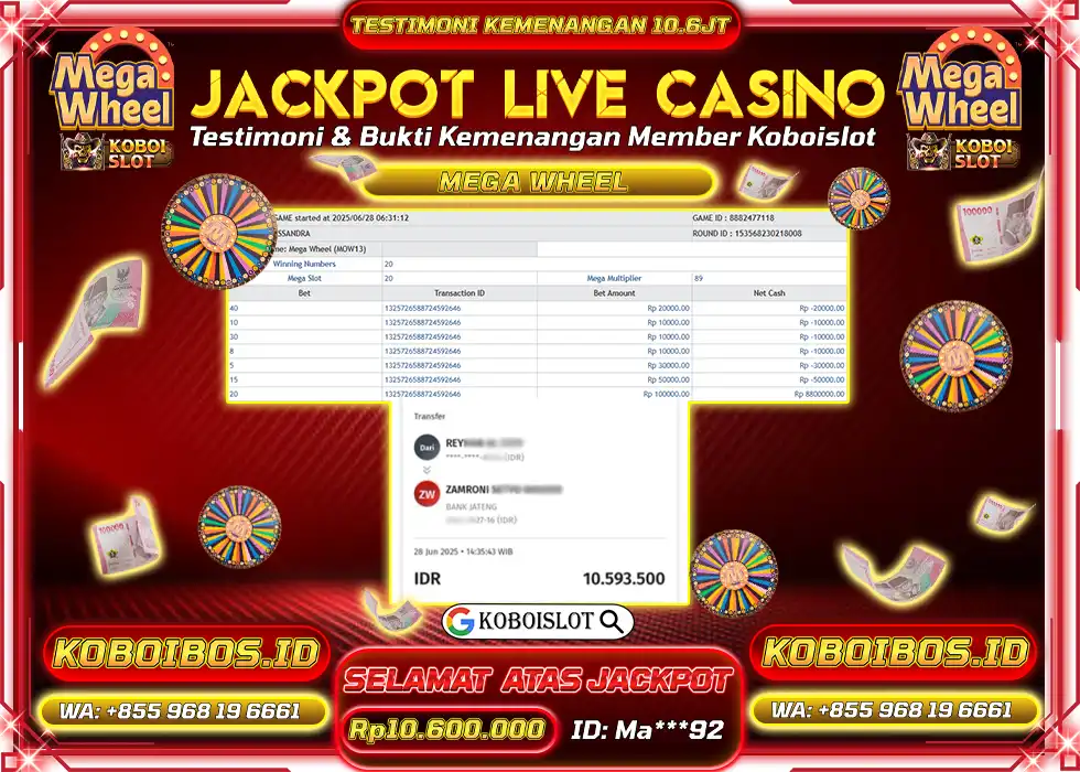 BUKTI KEMENANGAN LIVE CASINO MEGA WHEEL Rp10.600.000,- LUNAS