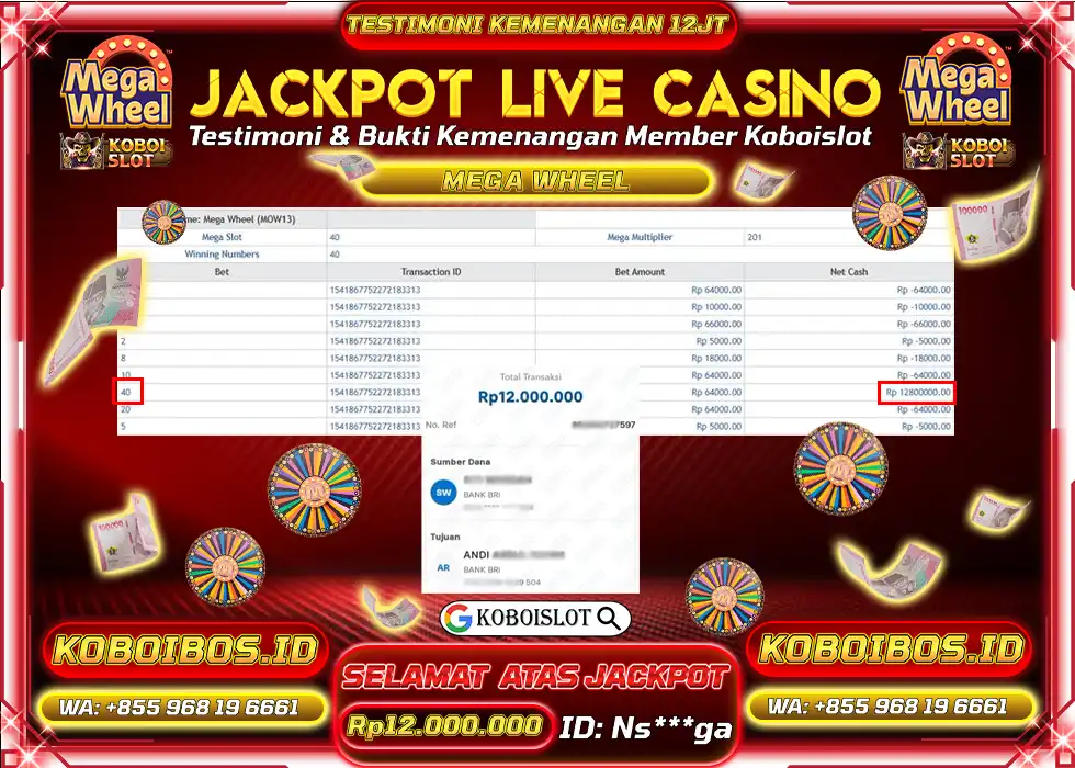 BUKTI KEMENANGAN LIVE CASINO MEGA WHEEL Rp16.000.000,- LUNAS