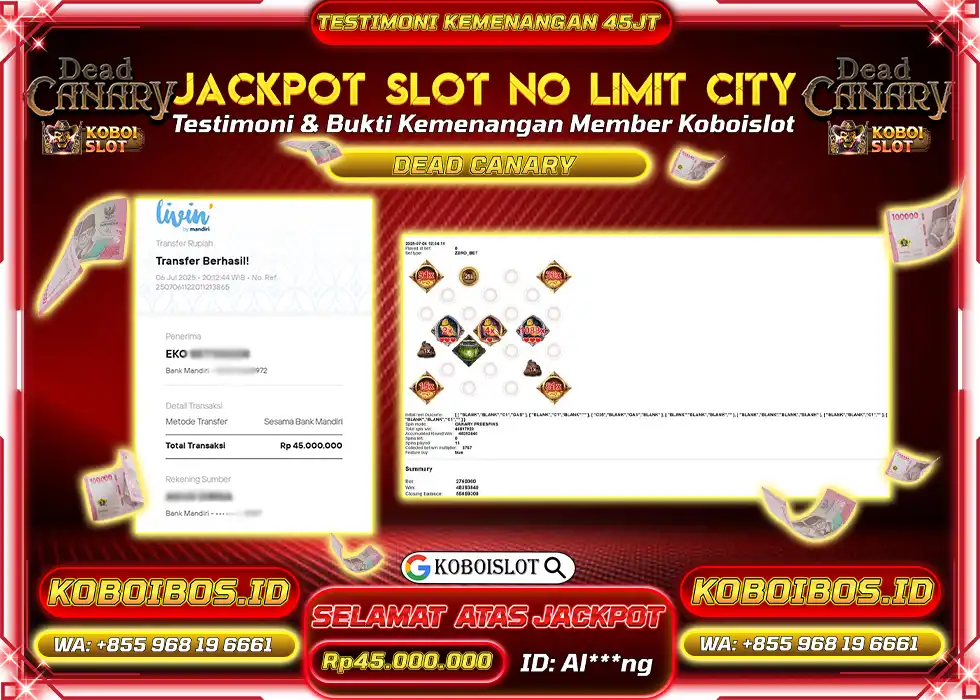BUKTI KEMENANGAN SLOT GACOR DEAD CANARY Rp45.000.000,- LUNAS