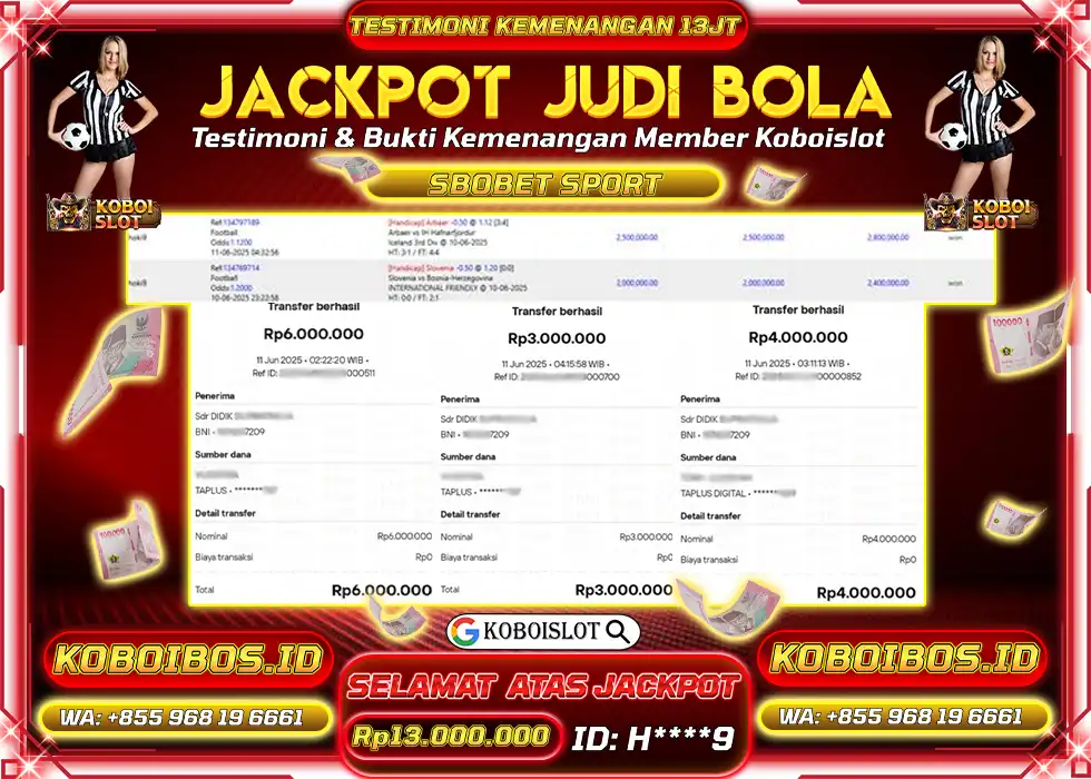 BUKTI KEMENANGAN JUDI BOLA SBOBET Rp13.000.000,- LUNAS
