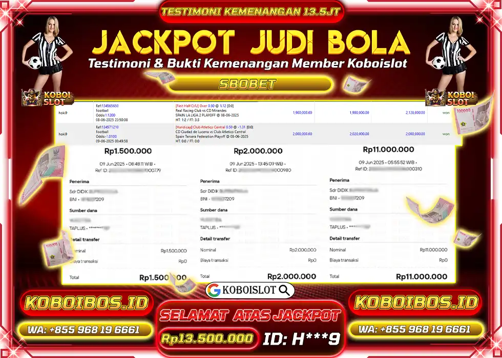 BUKTI KEMENANGAN JUDI BOLA SBOBET Rp13.500.000,- LUNAS