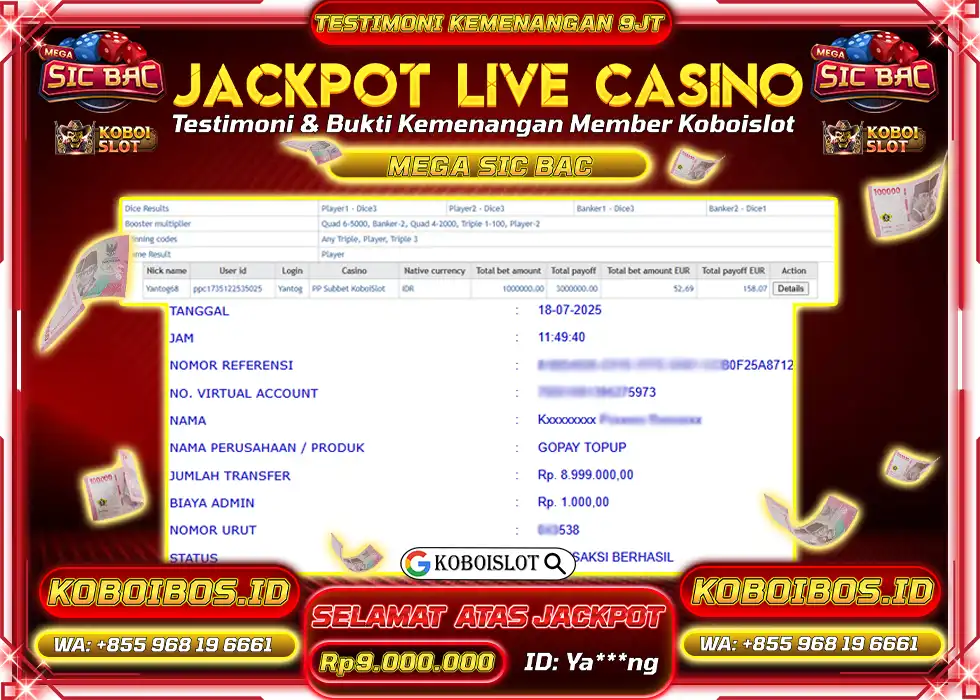 BUKTI KEMENANGAN LIVE CASINO MEGA SIC BAC 1 Rp9.000.000,- LUNAS