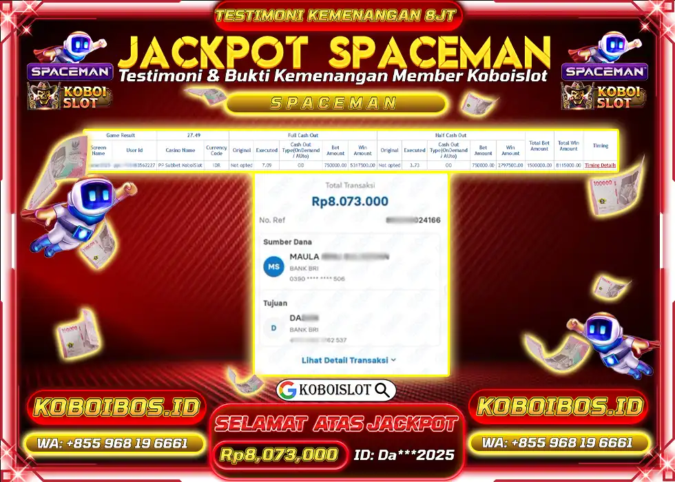 BUKTI KEMENANGAN CRASH GAME SPACEMAN Rp8.073.000,- LUNAS