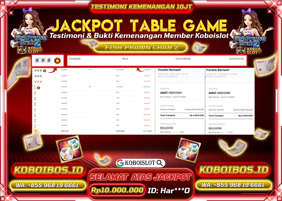 BUKTI KEMENANGAN TABLE GAME FISH PRAWN CRAB 2 Rp10.000.000,- LUNAS
