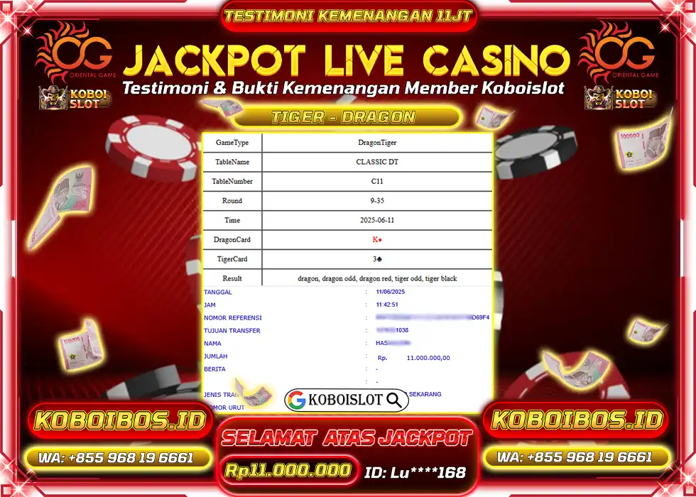 BUKTI KEMENANGAN LIVE CASINO DRAGON TIGER Rp11.000.000,- LUNAS