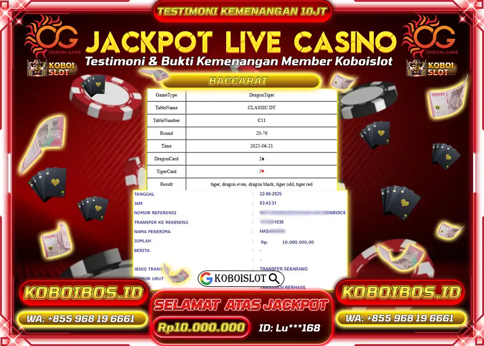 BUKTI KEMENANGAN LIVE CASINO DRAGON TIGER Rp10.000.000,- LUNAS