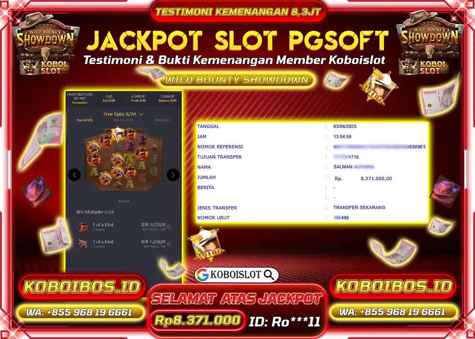 BUKTI KEMENANGAN SLOT GACOR WILD BOUNTY SHOWDOWN Rp8.371.000,- LUNAS
